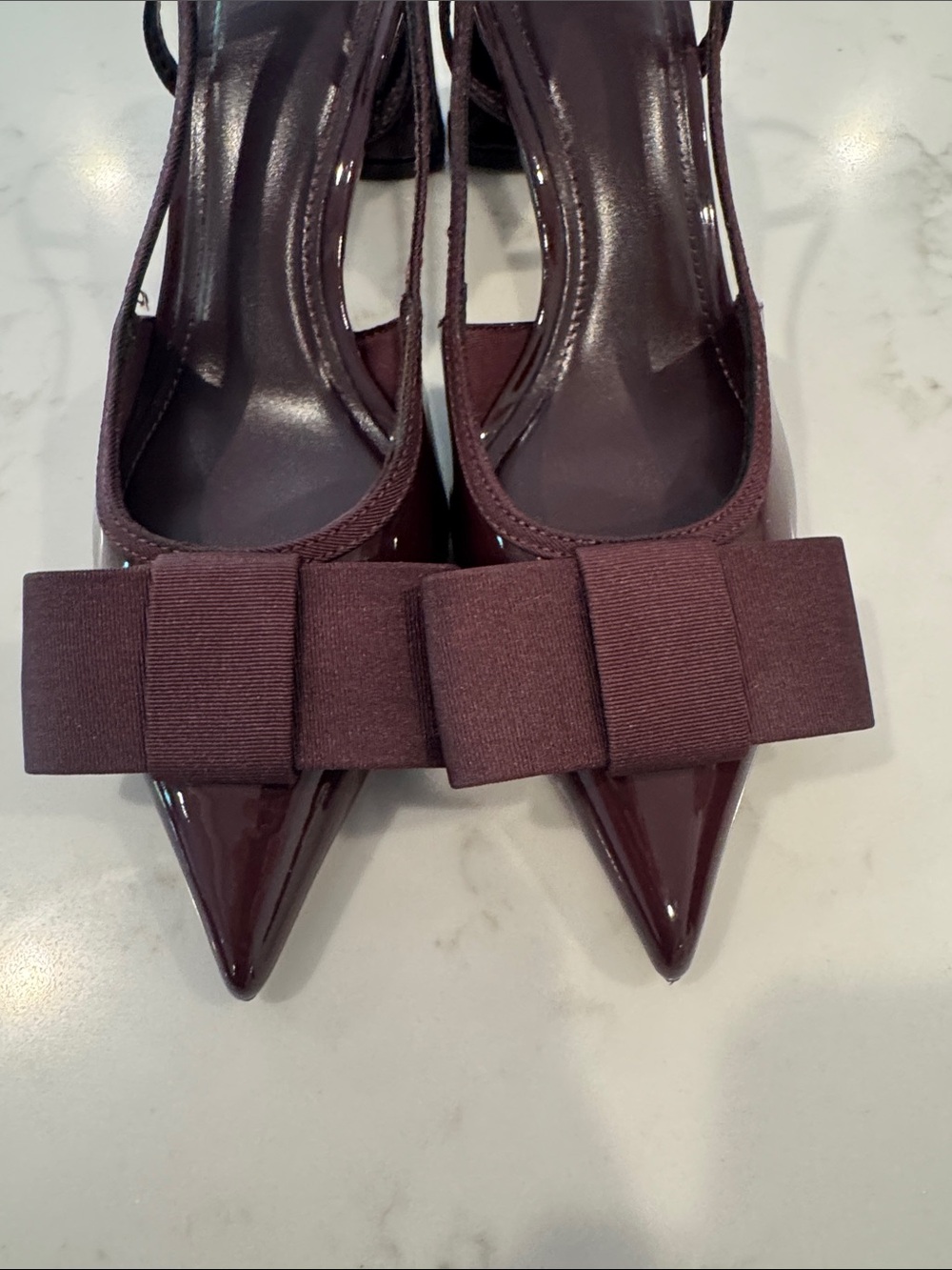 ZARA Burgundy Pointed Patent Slingback Heels with Bow - Picture 6 of 6